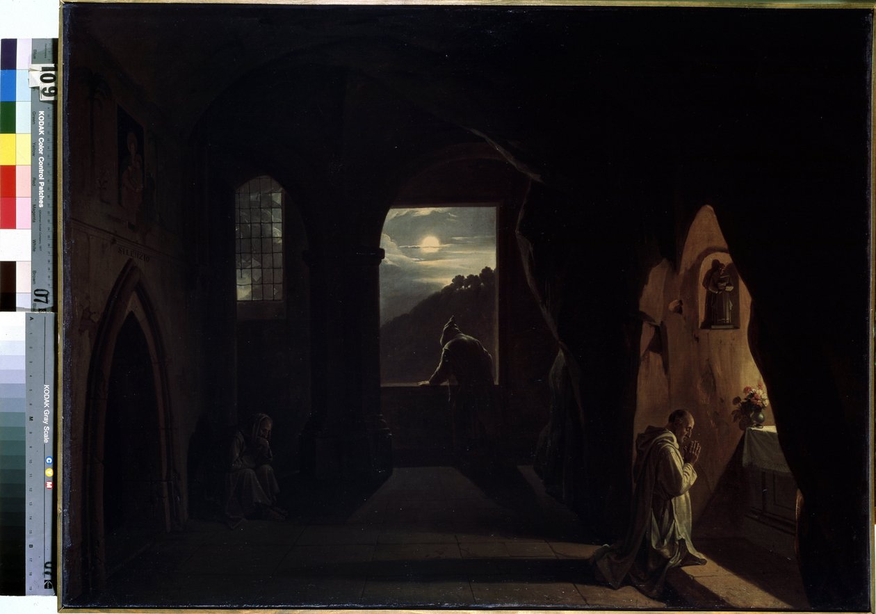 "Monks in a Cave" (Moines dans une grotte) Pintura de François Marius Granet (1775-1849) Início do século XIX Dim. 74,5x100 cm Museu Hermitage, São Petersburgo de Francois Marius Granet