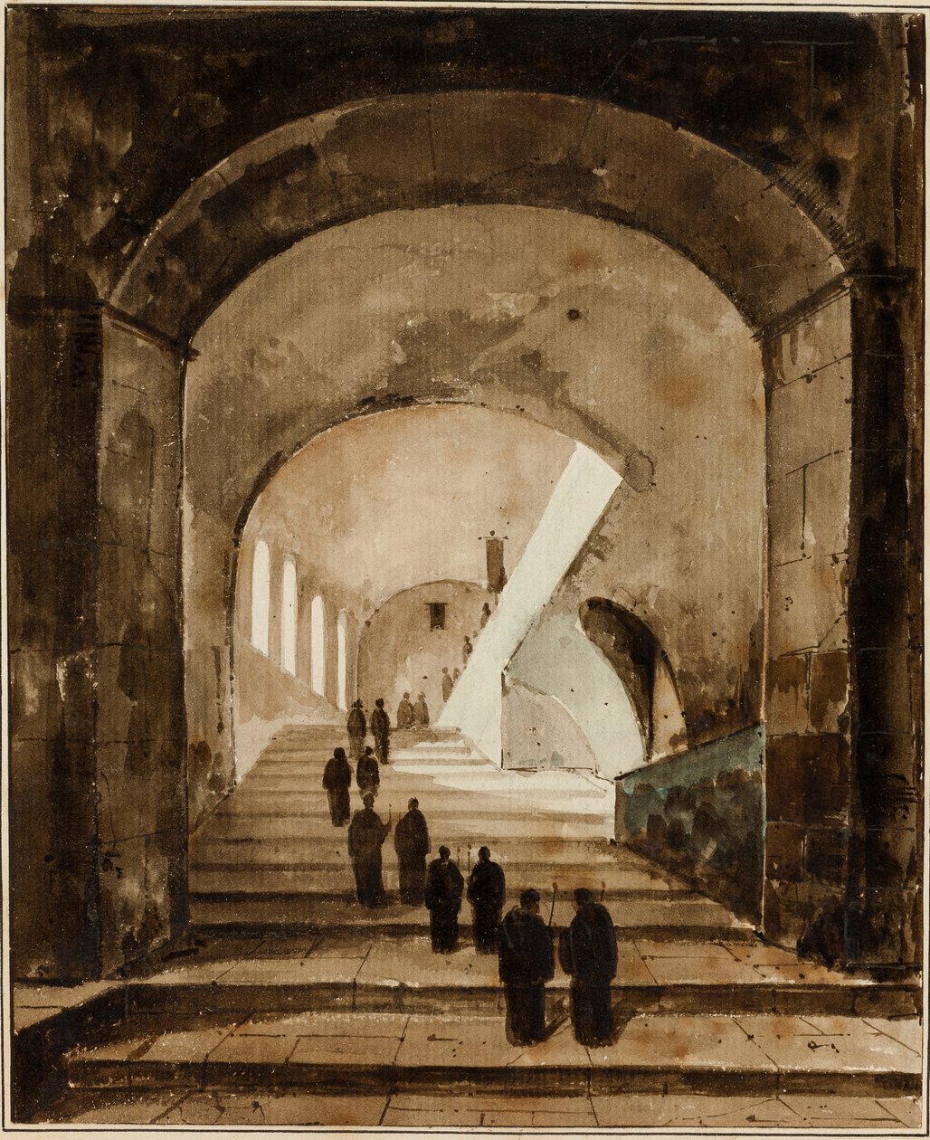Monges na Escadaria da Villa de Mecenas em Tivoli de Francois-Marius Granet