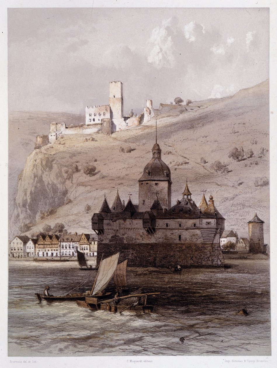 Chateau a Pfalz, Alemanha. Em "O monumental e pitoresco Reno". Litografias de Fourmais e Stroobant de Francois Stroobant