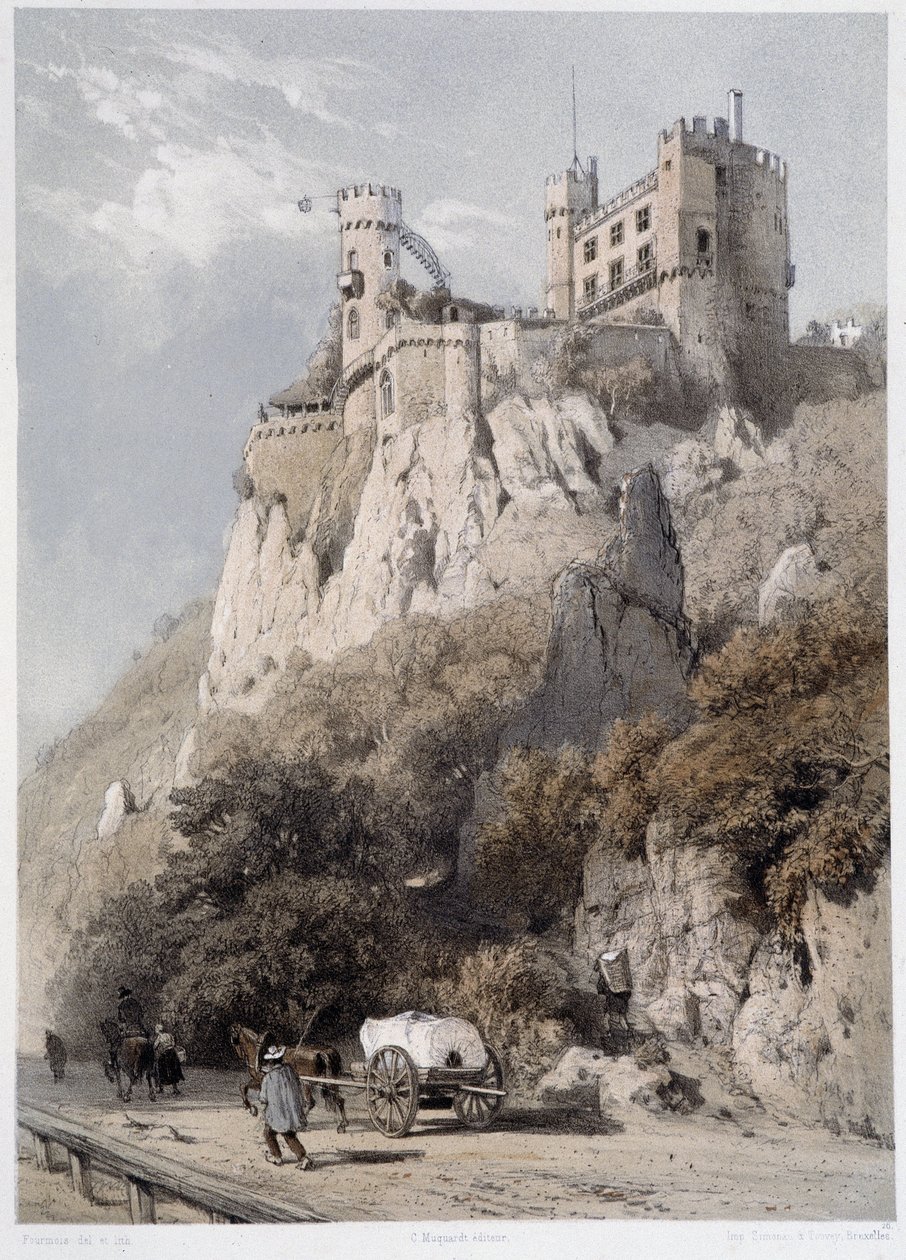Chateau Rheinstein. Em "O monumental e pitoresco Reno". Litografias de Fourmais e Stroobant de Francois Stroobant