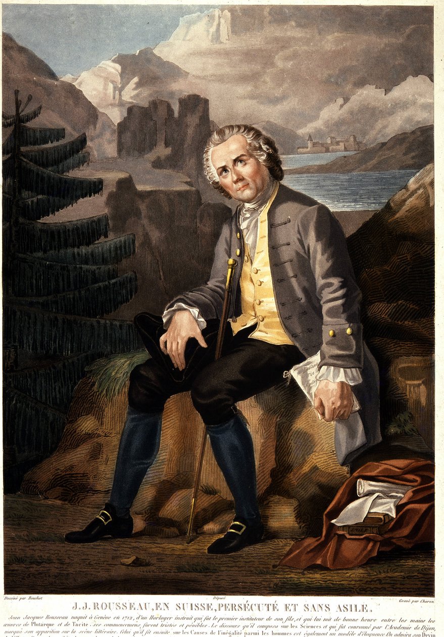 Jean Jacques Rousseau na Suíça, perseguido e sem asilo. Aquatint por Charon d