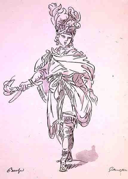 Traje de Ópera, da coleção Menus Plaisirs, fac-símile de A. Guillaumot Fils (cor litho) de Francois (after) Boucher