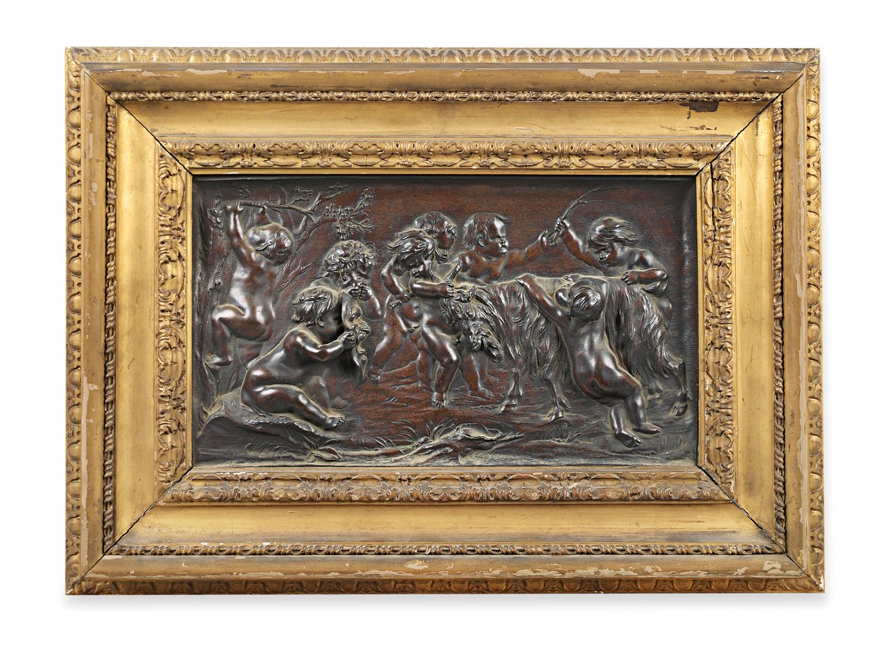 Alívio retangular de bronze de bebês bacanais brincando com uma cabra de Francois (after) Duquesnoy