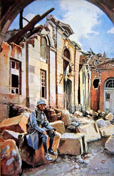 Batalha de Verdun: Pátio do Palácio do Bispo arruinado de Francois (after) Flameng
