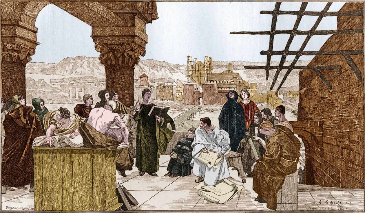 Pierre Abelard ou Abailard (1079-1142), filósofo e teólogo francês e sua escola na montanha Sainte Genevieve. A partir do afresco de François Flameng. de Francois (after) Flameng