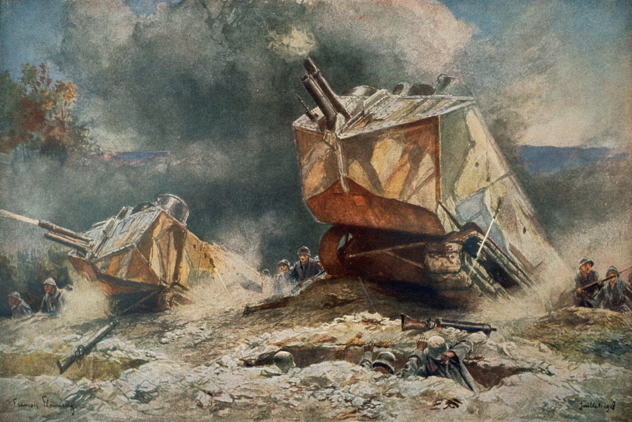 Tanque francês da I Guerra Mundial do tipo St Chamond avançando sobre as posições alemãs de Francois (after) Flameng