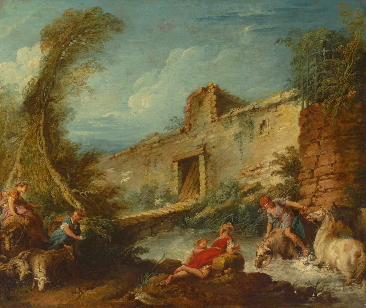 A Travessia do Vau, c.1703-70 (óleo sobre tela) de Francois (and studio) Boucher