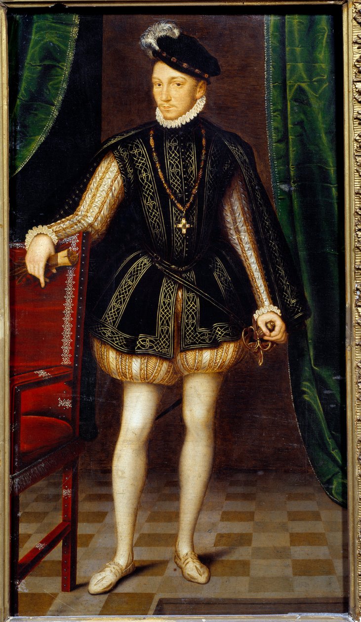 Retrato no pé de Carlos IX (1550 - 1574) rei de França. Pintura do atelier de François Clouet (1515-1572) de Francois (workshop of) Clouet