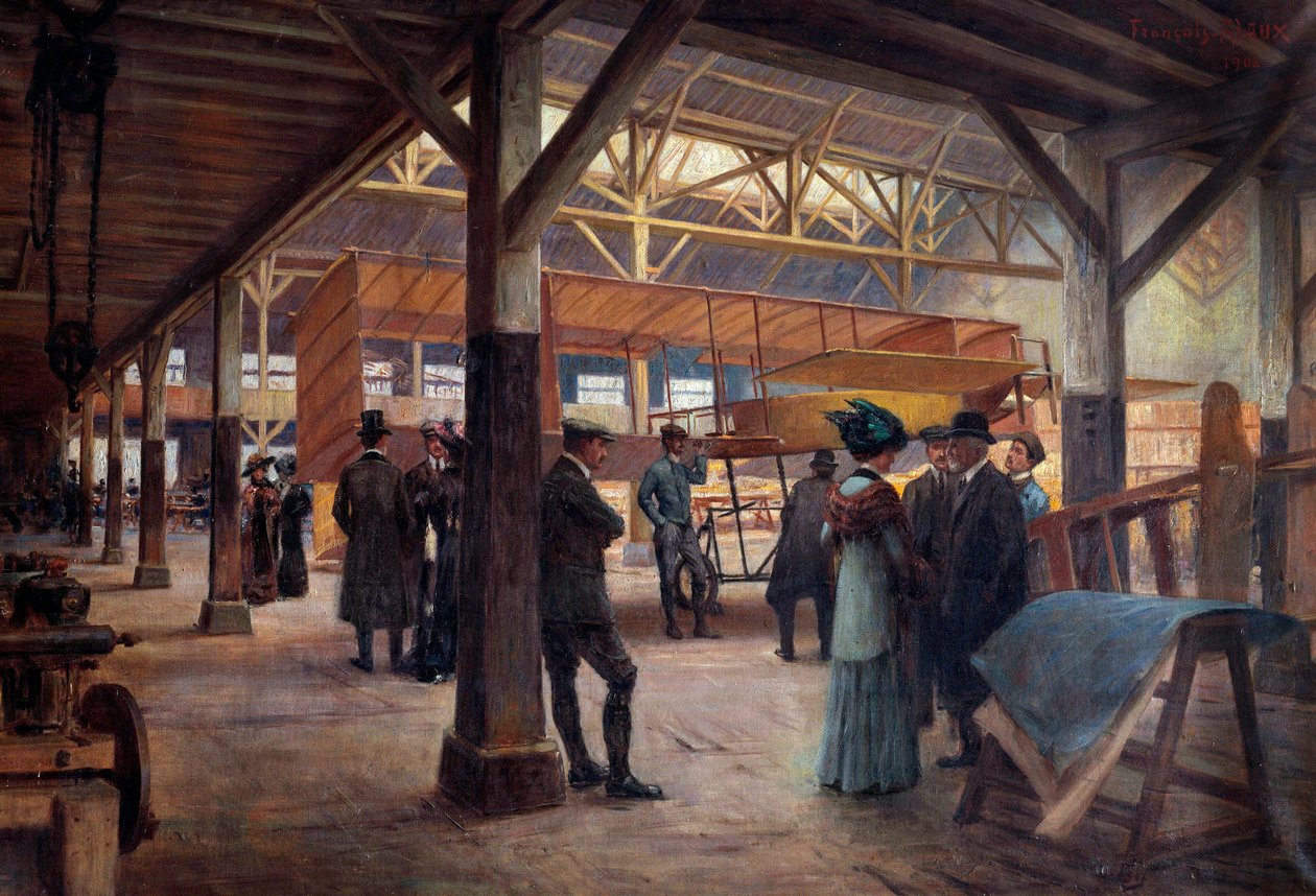 Workshop dos irmãos Gabriel e Charles Voisin (1880-1973 e "1882-1912), pioneiros da aviação, em 1908 em Boulogne Billancourt" (óleo sobre tela) de Francois Alaux