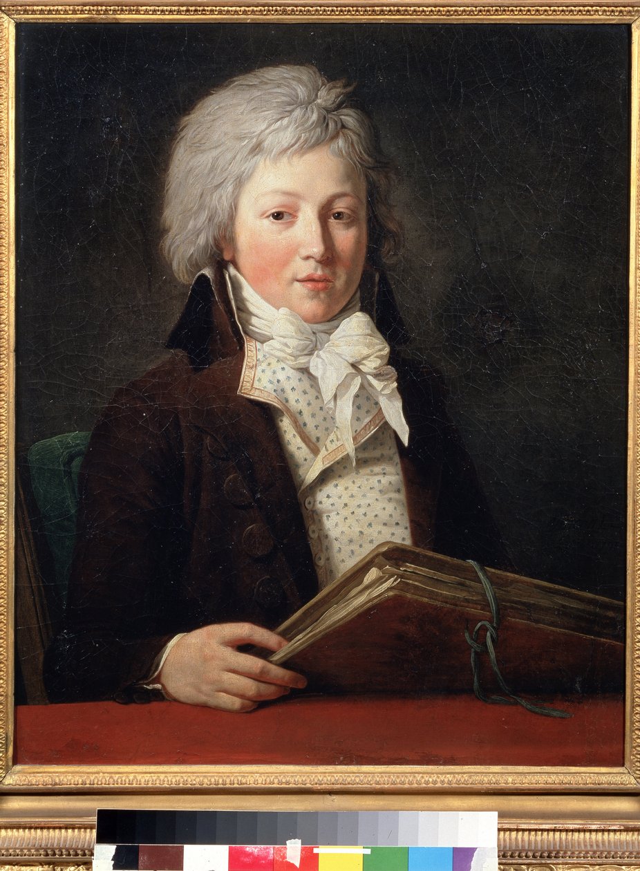 Retrato de um jovem segurando uma pasta com desenhos. Pintura de François Andre Vincent (1746-1816). Óleo sobre tela, 73 x 59 cm de François André Vincent
