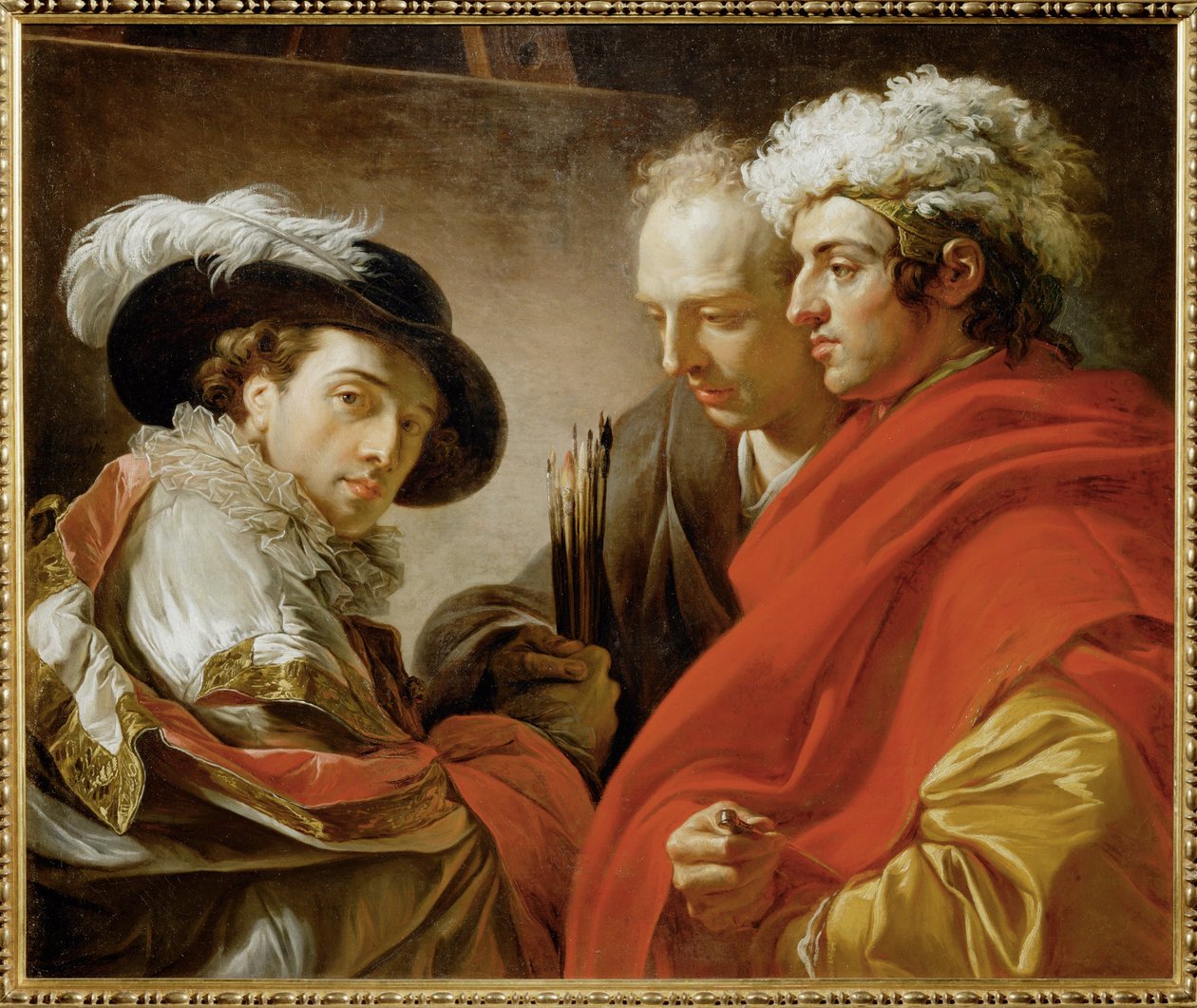 Retrato de três homens: O pintor de chapéu e pena, o arquiteto Pierre Rousseau e um amigo anónimo ... de François André Vincent