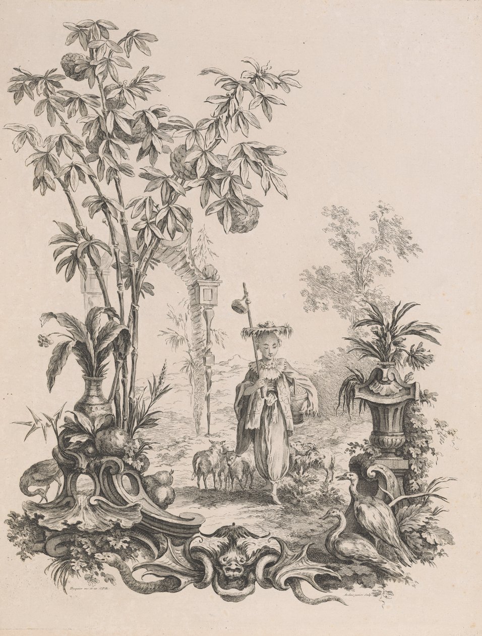 Menina chinesa caminhando, cercada por suas ovelhas, ca.1740-50. de Francois Antoine Aveline