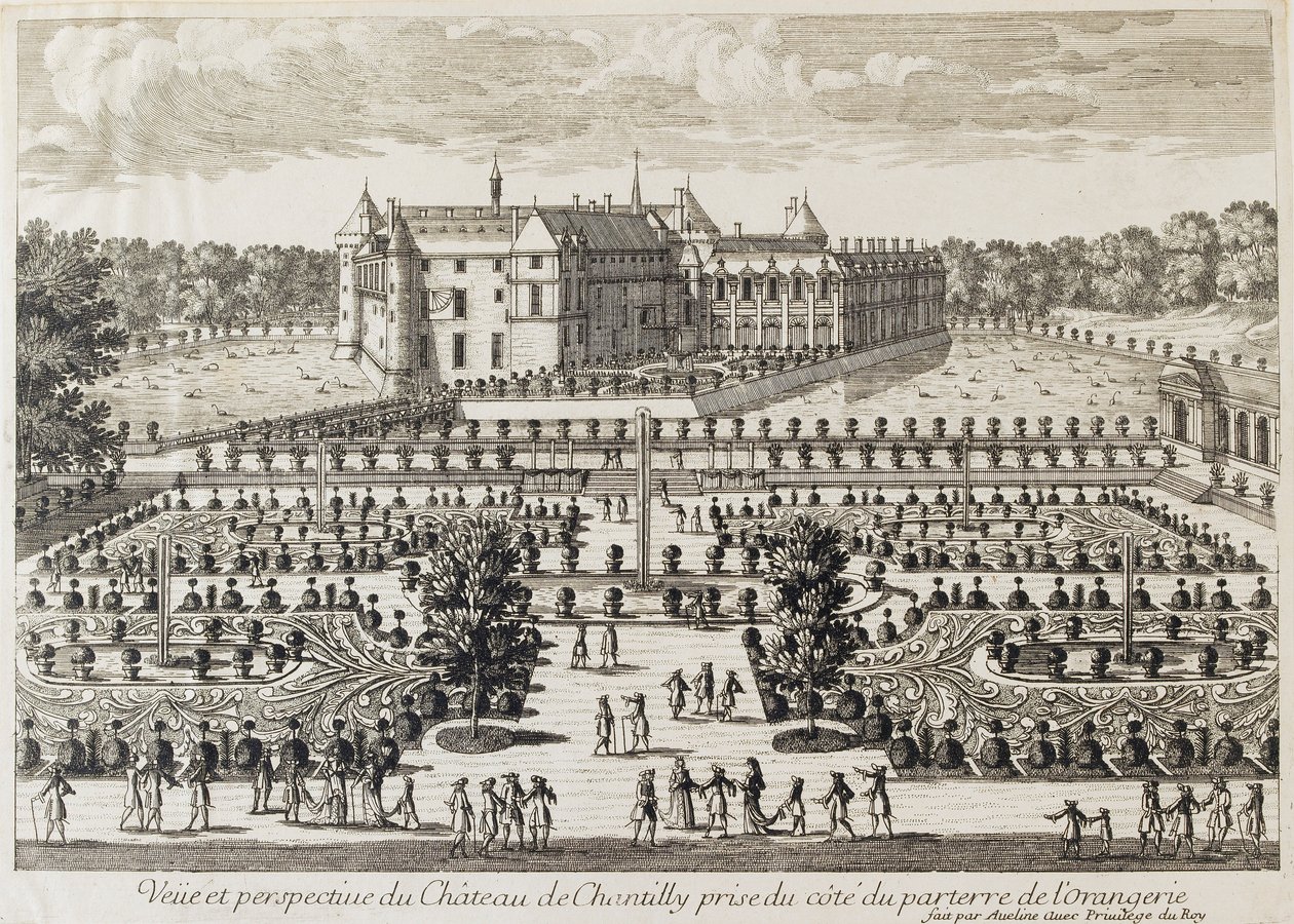 Vista do Chateau de Chantilly da Orangerie, meados do século XVIII de Francois Antoine Aveline