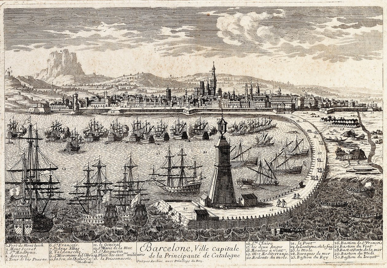 Vista da cidade e do porto de Barcelona no século XVIII. Gravura de François Antoine Aveline Barcelona, Museu d