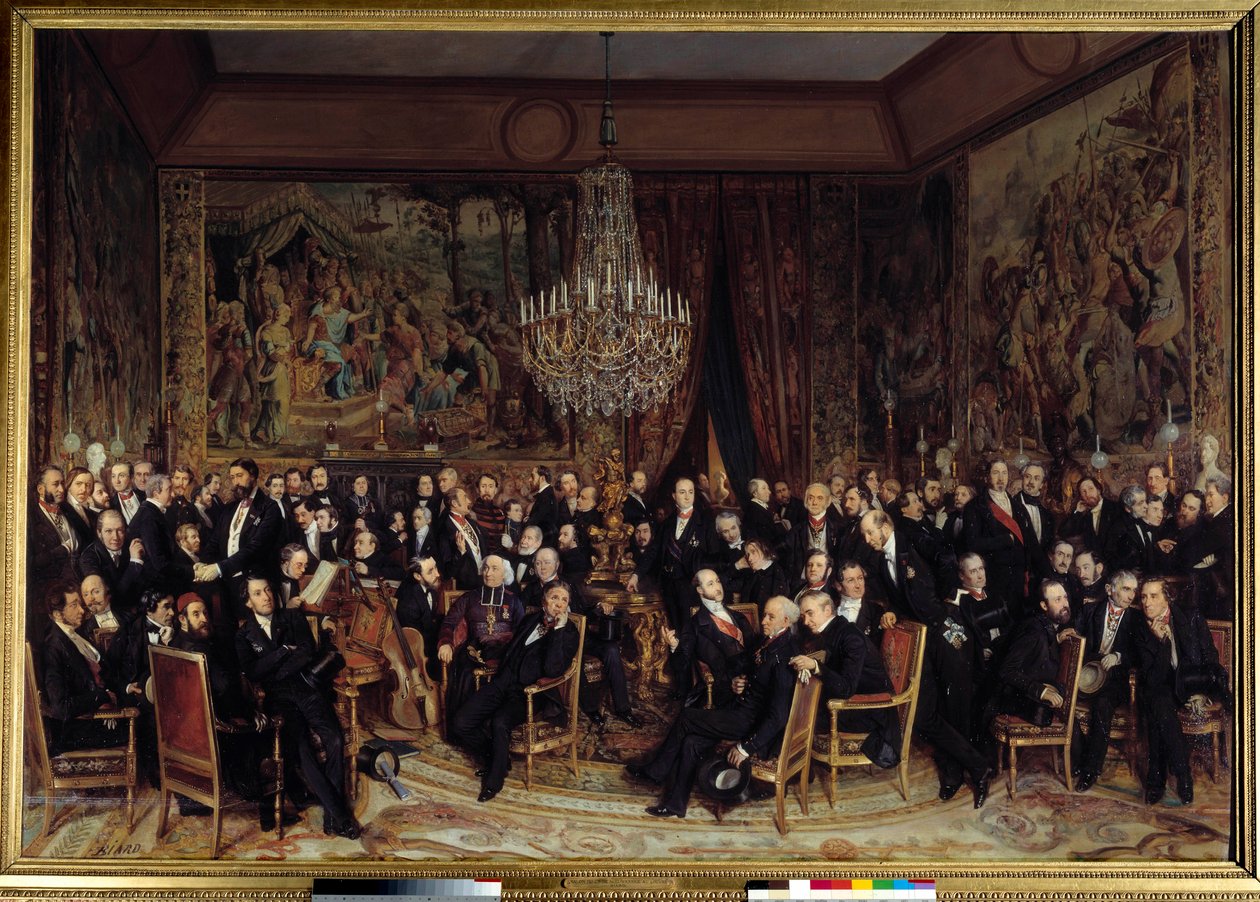 Noite no Louvre com o Conde de Nieuwerkerke Entre os presentes: François Marcellin Certain de Canrobert (1809-1895), Eugene Delacroix (1798-1863), Camille Doucet (1812-1895), Jacques Fromental Levy dit Halevy (1799-1862), Barão Georges Haussmann ( de François Auguste Biard