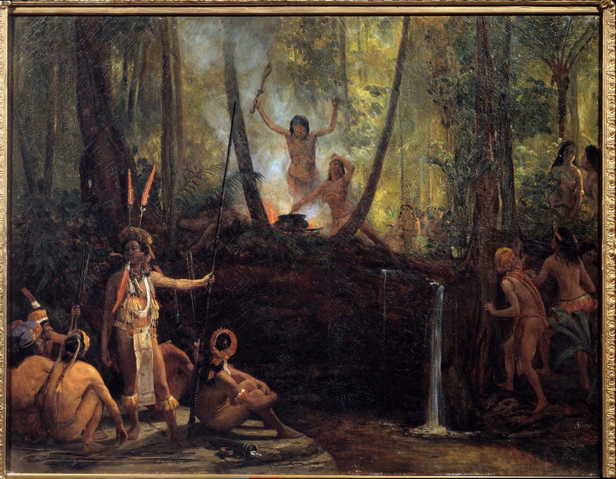 A fabricação de curare na floresta bresiliana Extração de curare, uma substância retirada das videiras das árvores da Amazônia causando paralisia. Pintura de François Auguste Biard (1799-1882) La Rochelle do século XIX, Musee du Nouveau Monde de François Auguste Biard
