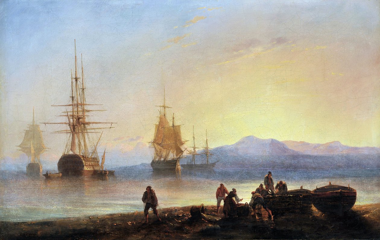 Irmãs e navios no Mediterrâneo. Pintura de François Pierre BARRY (1813-1905). Óleo sobre tela. Diâmetro: 29,5x46cm. Menção obrigatória: Fundação da coleção em relação à Provence, Marselha de Francois Barry