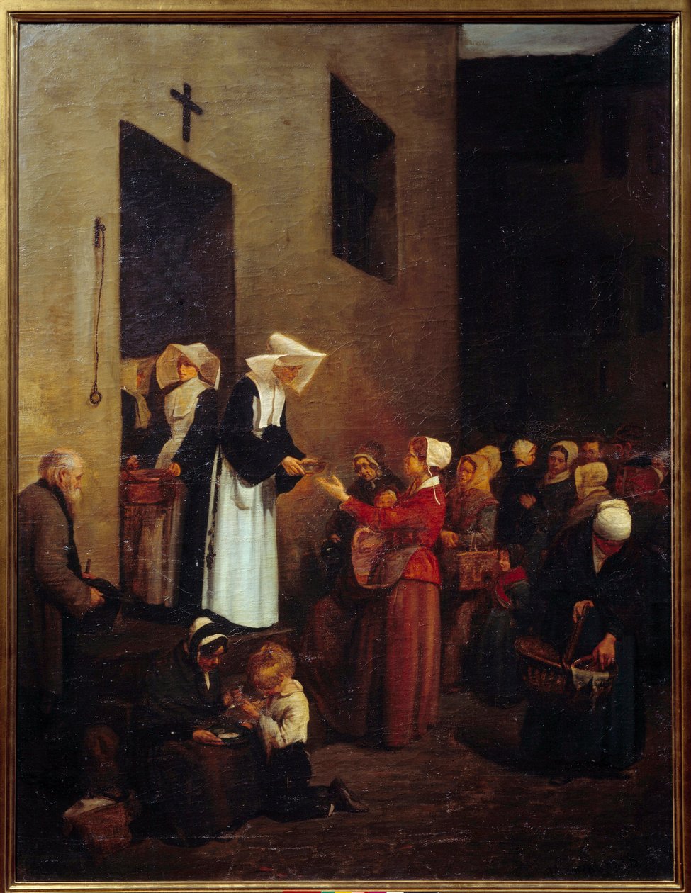Caridade. As freiras distribuem comida para os pobres na rua. Pintura de François Bonvin (1817-1887) de François Bonvin