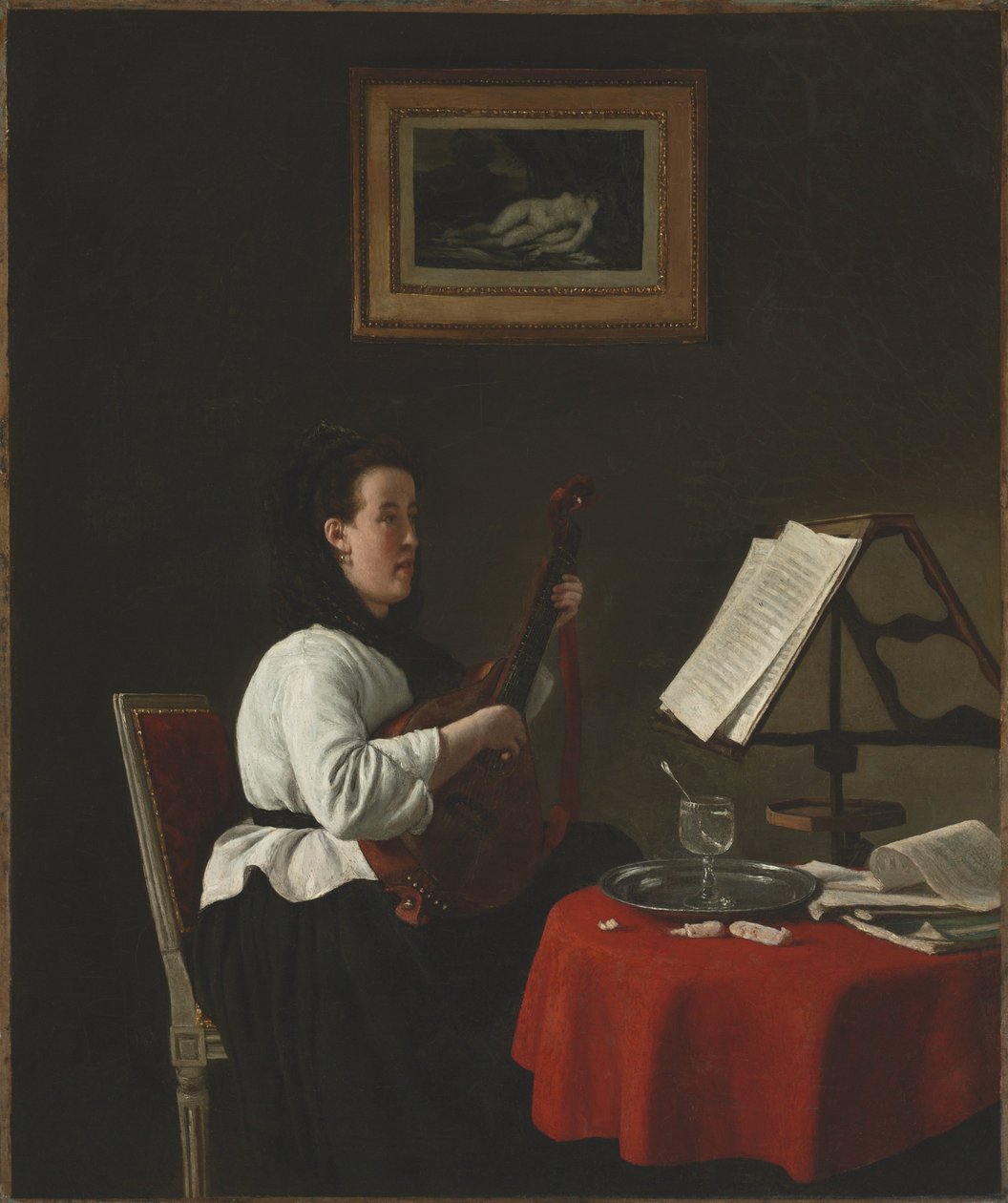 Mulher jovem com um bandolim, retrato de Louison Köhler, c.1873-74 (óleo sobre tecido) de François Bonvin