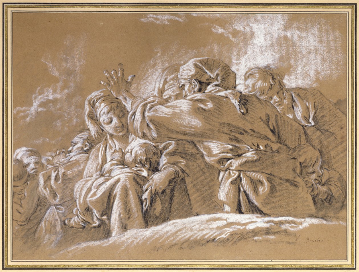 Uma Mãe e Filho e outras figuras vistas de baixo (giz) de François Boucher