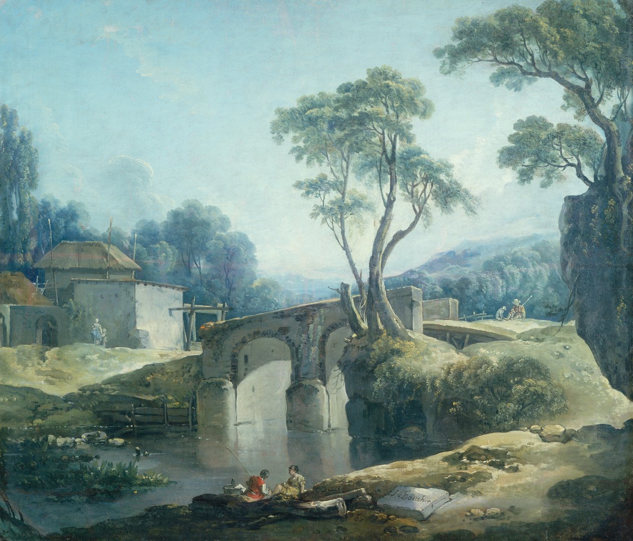 Uma Paisagem arborizada com uma ponte sobre um rio (óleo sobre tela) de François Boucher