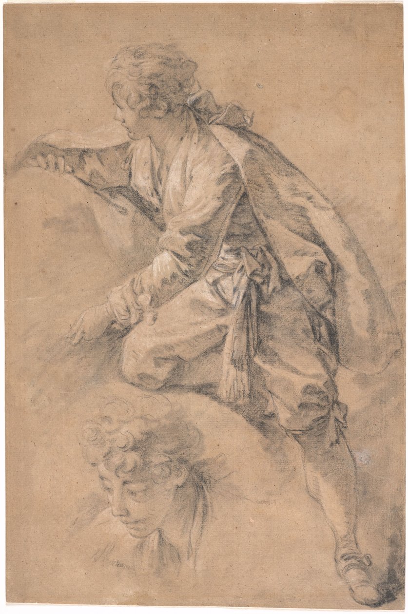 Um jovem ajoelhado até meio, com os dois braços estendidos de François Boucher