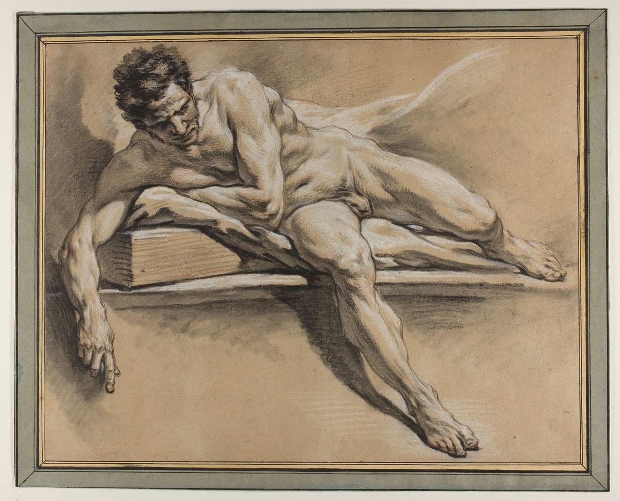 Estudo académico de um nu masculino reclinado, c.1750 (giz preto, vermelho e branco sobre papel) de François Boucher