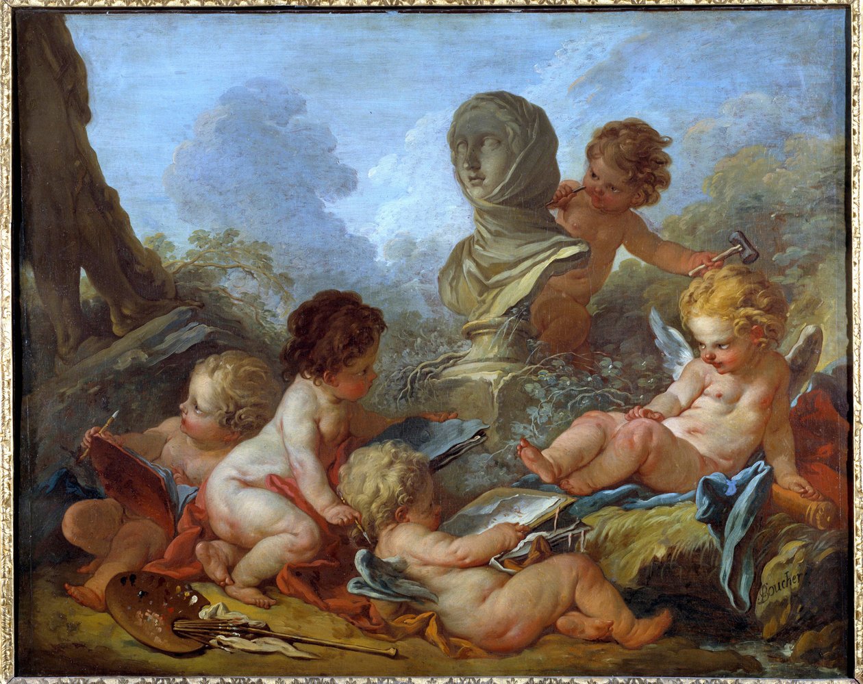 Allegorie des Arts Five little Amours associado a diferentes artes (escultura, pintura...) Pintura de François Boucher (1703-1770) Troyes do século XVIII, Musee des Beaux Arts - Allegoria das Artes. Cinco pequenos cupidos associados a diferentes artes (esc de François Boucher