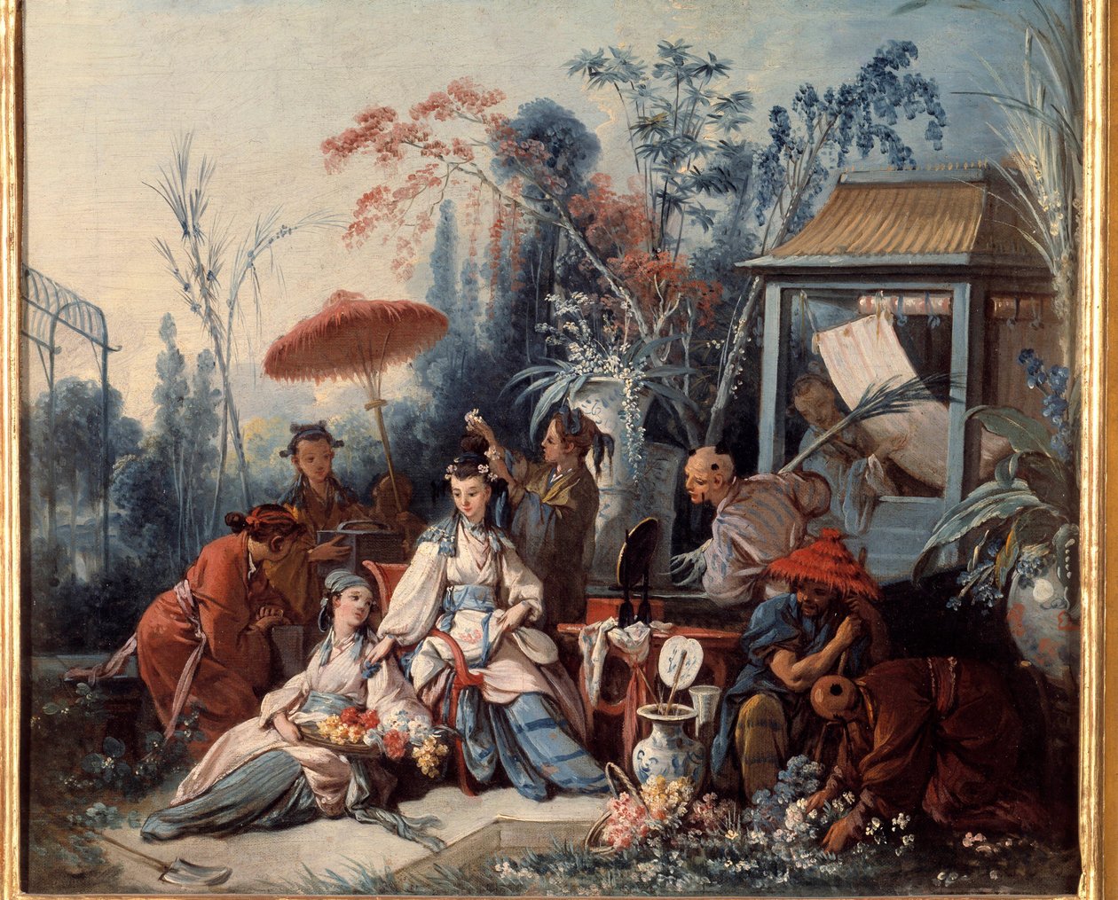Cena do Jardim Chinês de Chinoiseries retratando uma jovem mulher rodeada de criados. Pintura de François Boucher (1703-1770) de François Boucher