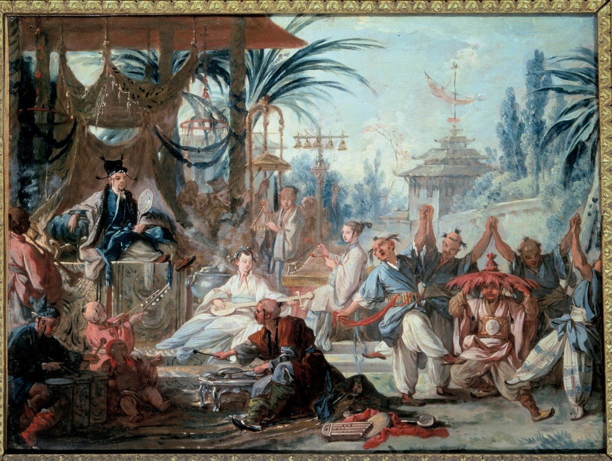 Chinoiserie: "Dança Chinesa" Cena de entretenimento na corte imperiosa com músicos e dançarinos. Pintura de François Boucher (1703-1770) 1740 Besancon, Musee des Beaux Arts de François Boucher