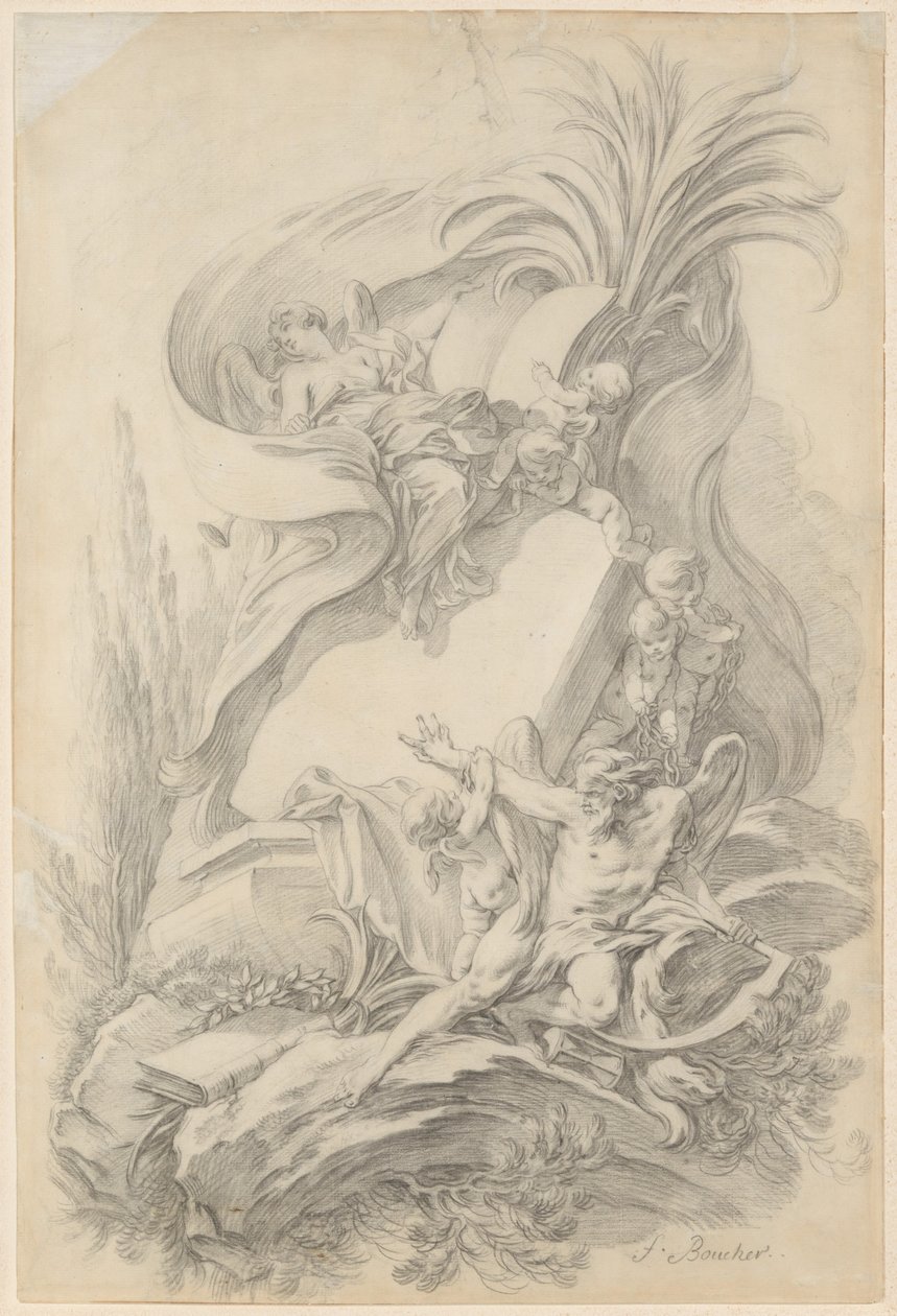 Desenho para um frontispício: «O amor detém o curso do tempo» de François Boucher