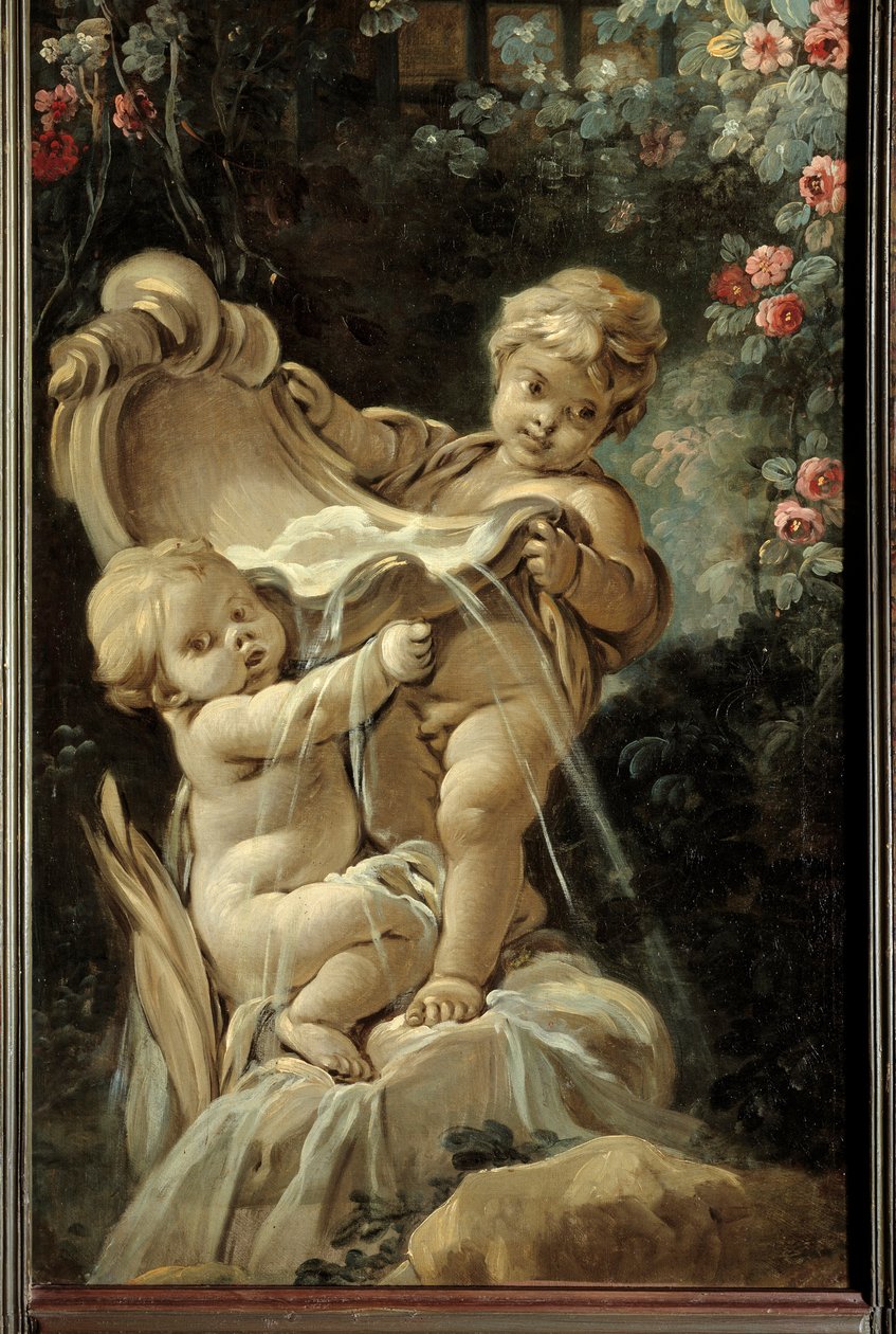 Painel da porta da sala Demarteau: fonte com dois amores, um dos quais ajoelhado. Pintura de François Boucher (1703-1770) de François Boucher