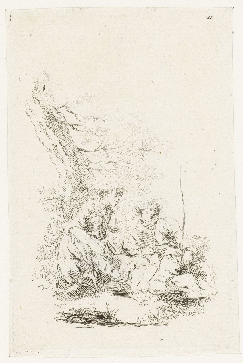 Três pessoas sentadas junto a uma árvore de François Boucher