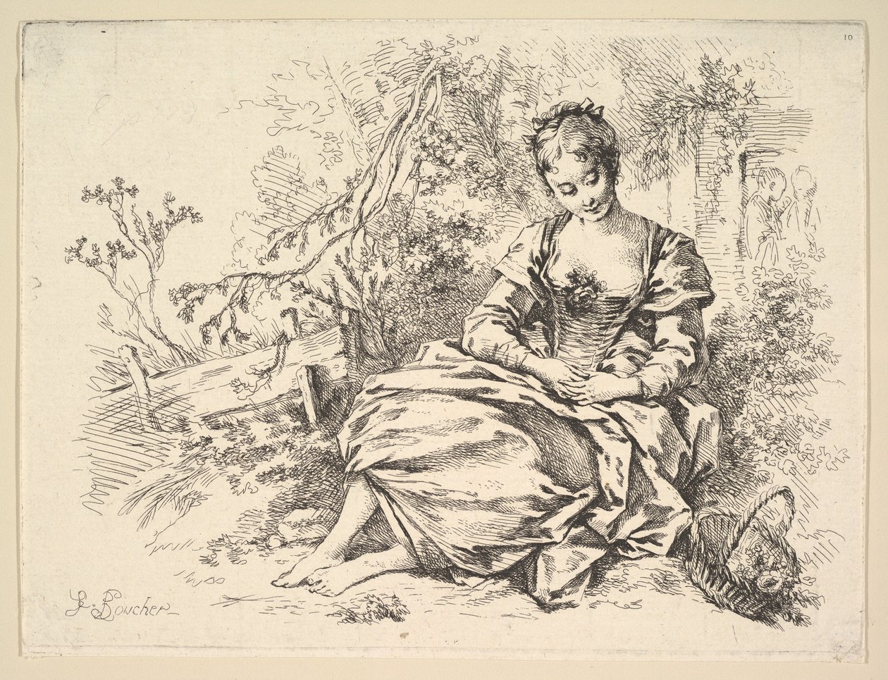 Menina numa paisagem com um cesto de flores de François Boucher