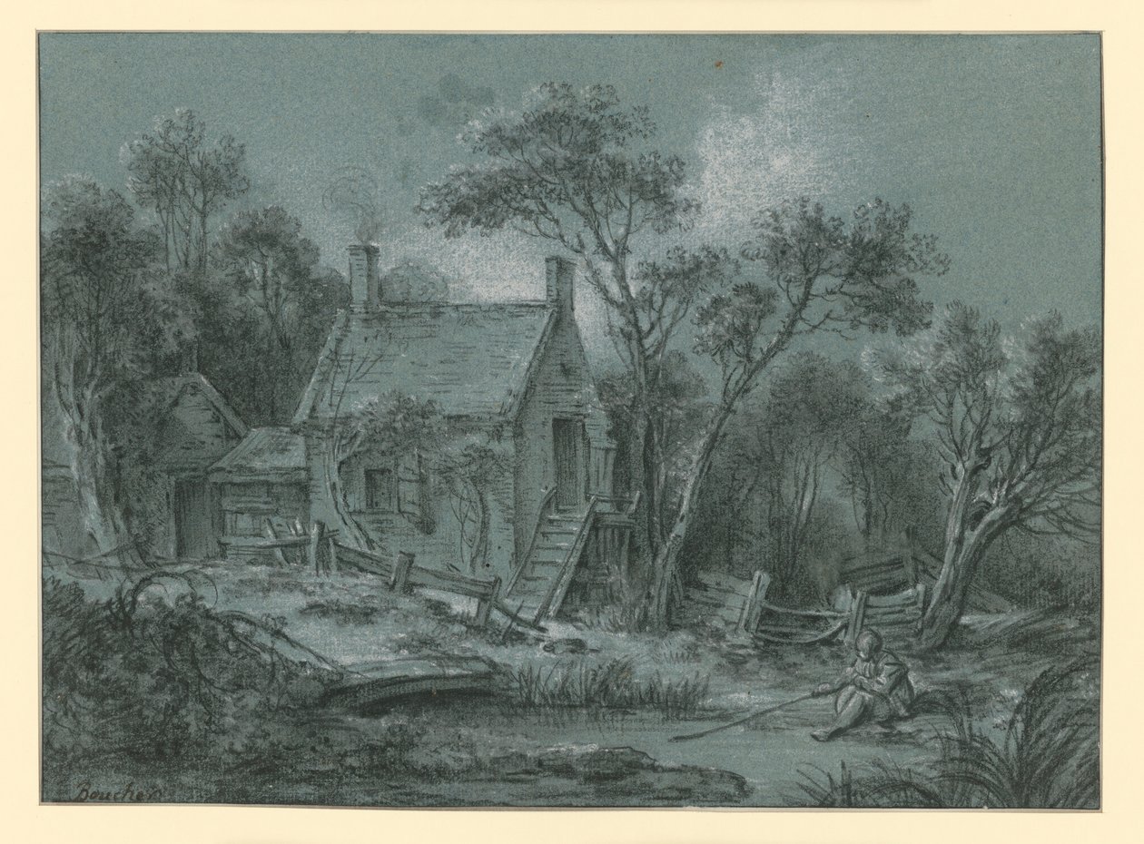 Casa com uma escadaria entre as árvores, com um pescador em frente de François Boucher