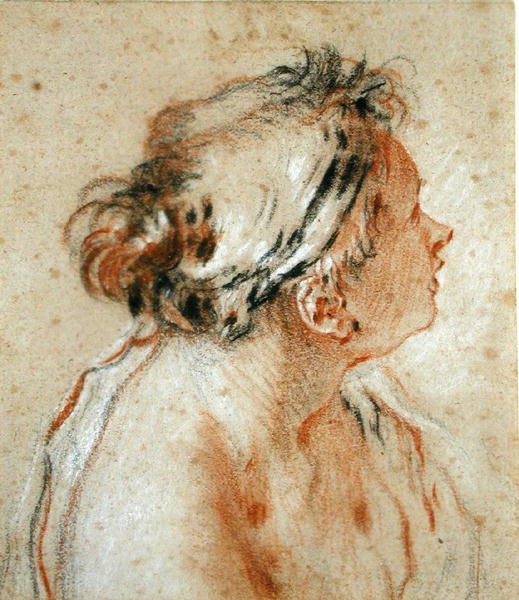 Cabeça de uma Ninfa (giz preto, branco e vermelho sobre papel castanho claro) de François Boucher