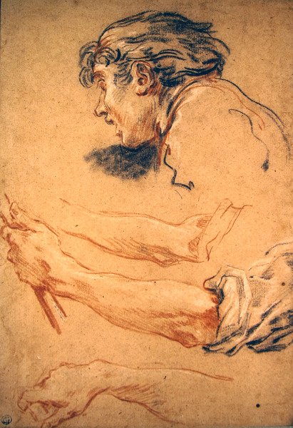 Chefe de Pastor e Estudos da Mão e do Braço (gizes pretos, vermelhos e brancos sobre papel) de François Boucher
