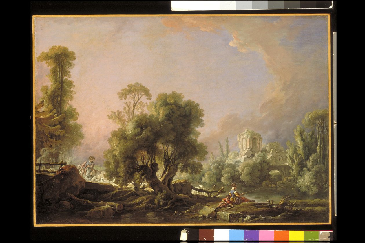 Paisagem Idílica com Pesca Feminina (óleo sobre tela) de François Boucher