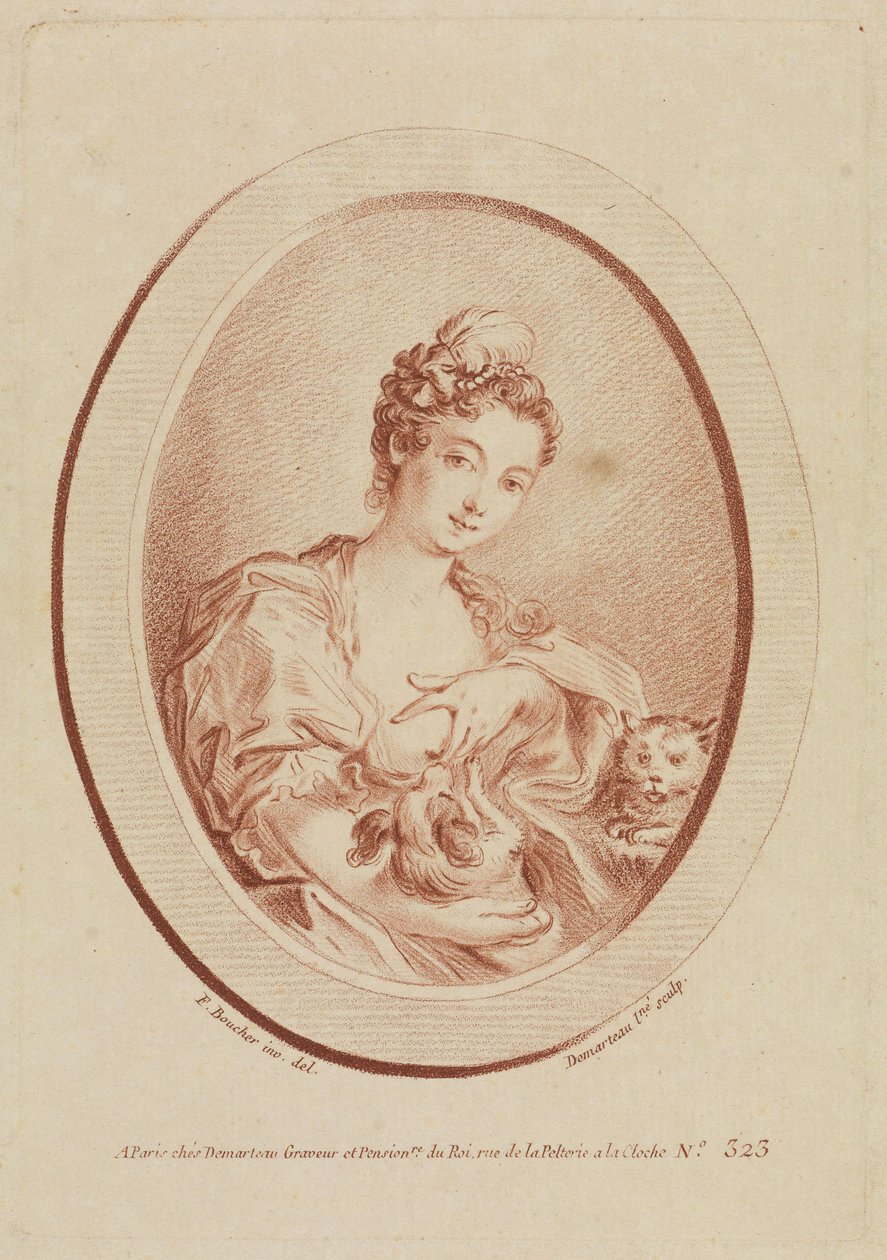 Jovem com um cãozinho de colo e um gatinho de François Boucher