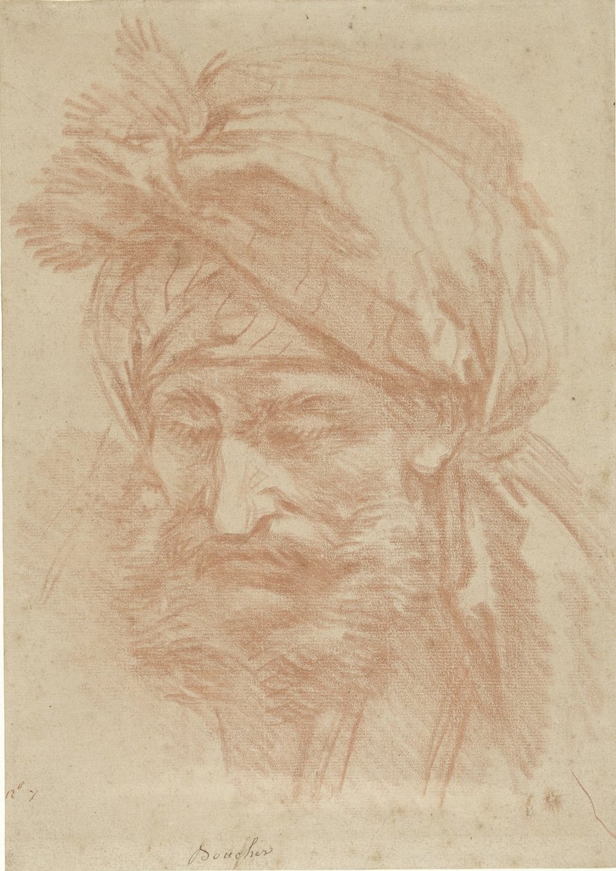 Cabeça de um oriental barbudo com turbante, vista de frente, olhando para baixo de François Boucher