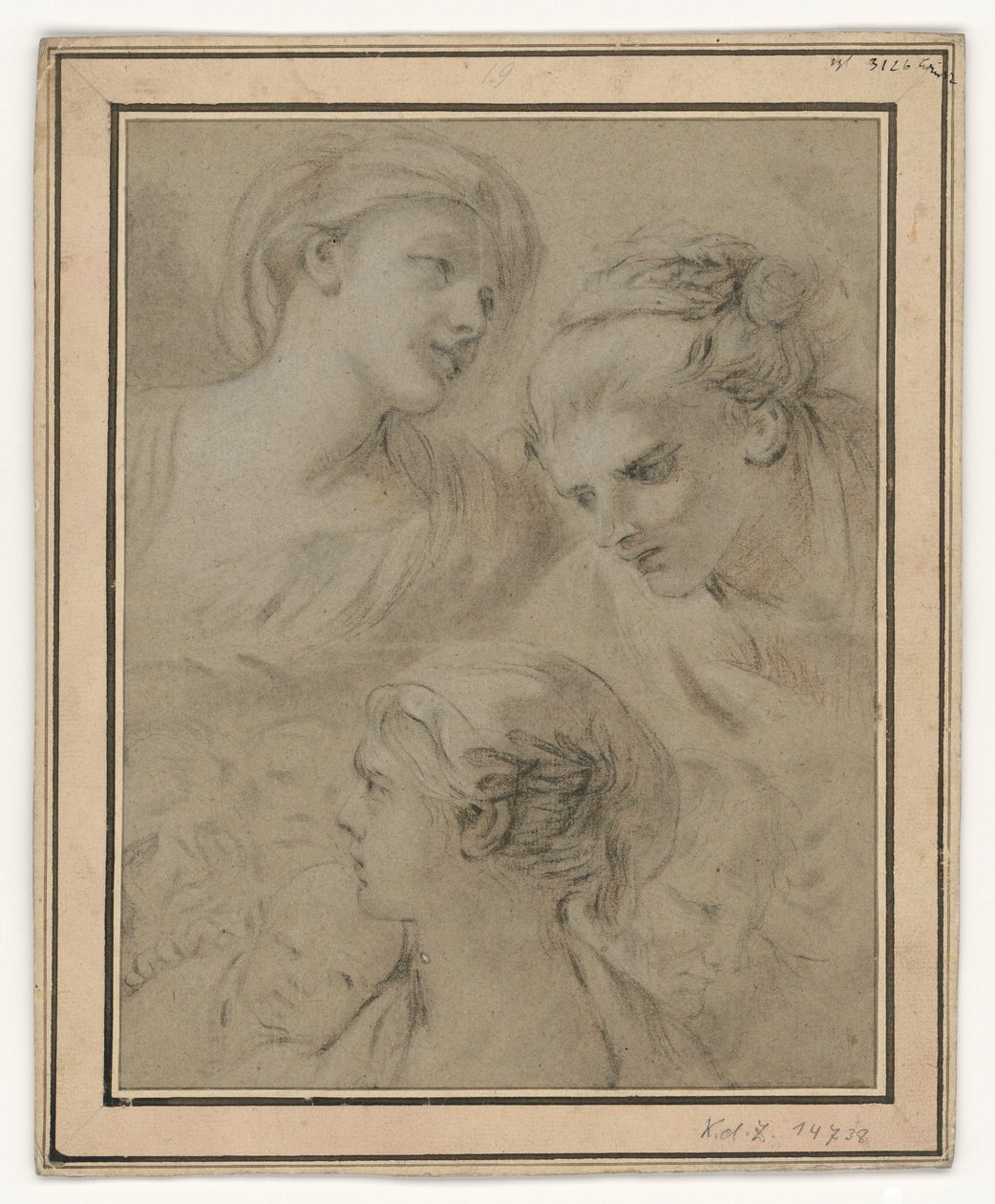 Estudos de rostos que representam, a título de exemplo, várias emoções de François Boucher