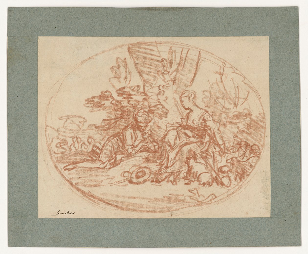 Casal deitado sob as árvores (contrapressão) de François Boucher