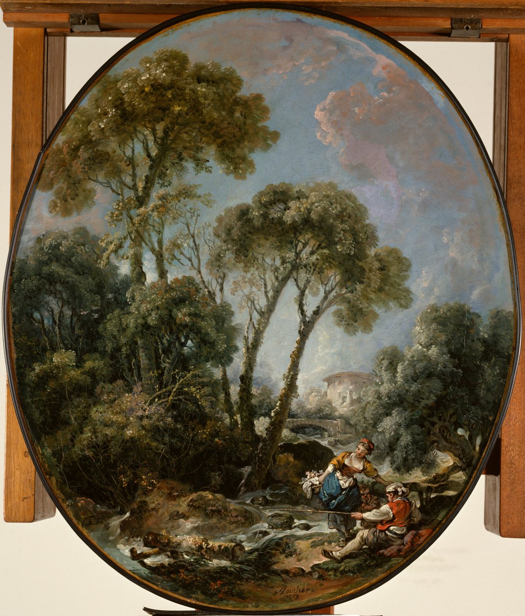 Paisagem com pescador e uma jovem mulher de François Boucher
