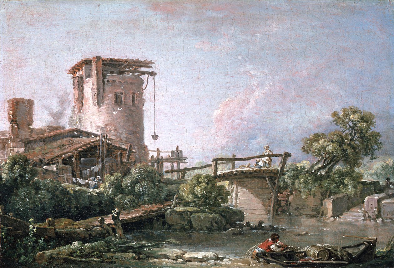 Paisagem com torre e ponte de François Boucher