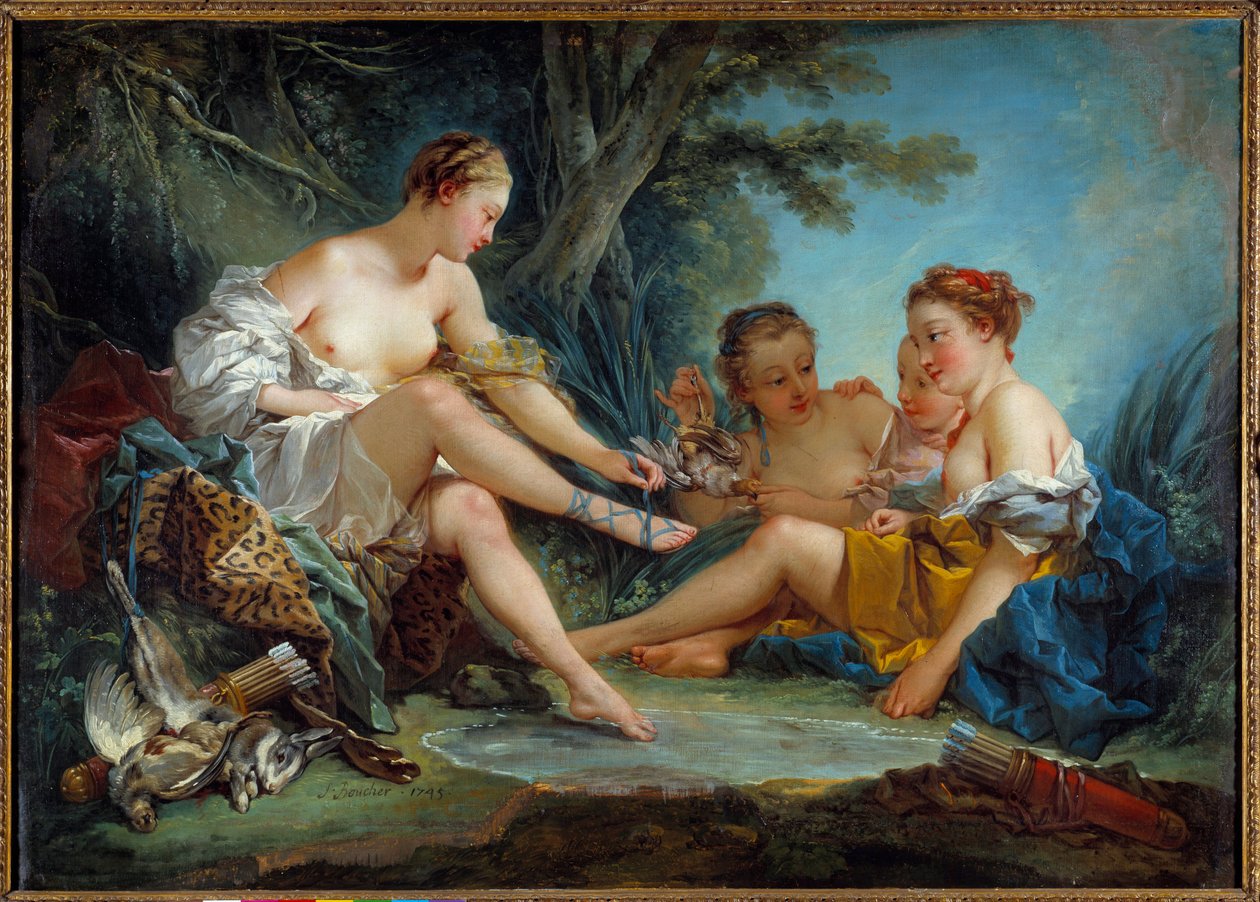 Le retour de la chasse de Diane Painting de François Boucher (1703-1770) 1745 Sun. 0,94x1,31 m Paris. Musee Cognacq Jay - O regresso da caça de Diane. Pintura de François Boucher (1703-1770) 1745. 0,94 x 1,31 m. Museu Cognacq Jay, Paris de François Boucher