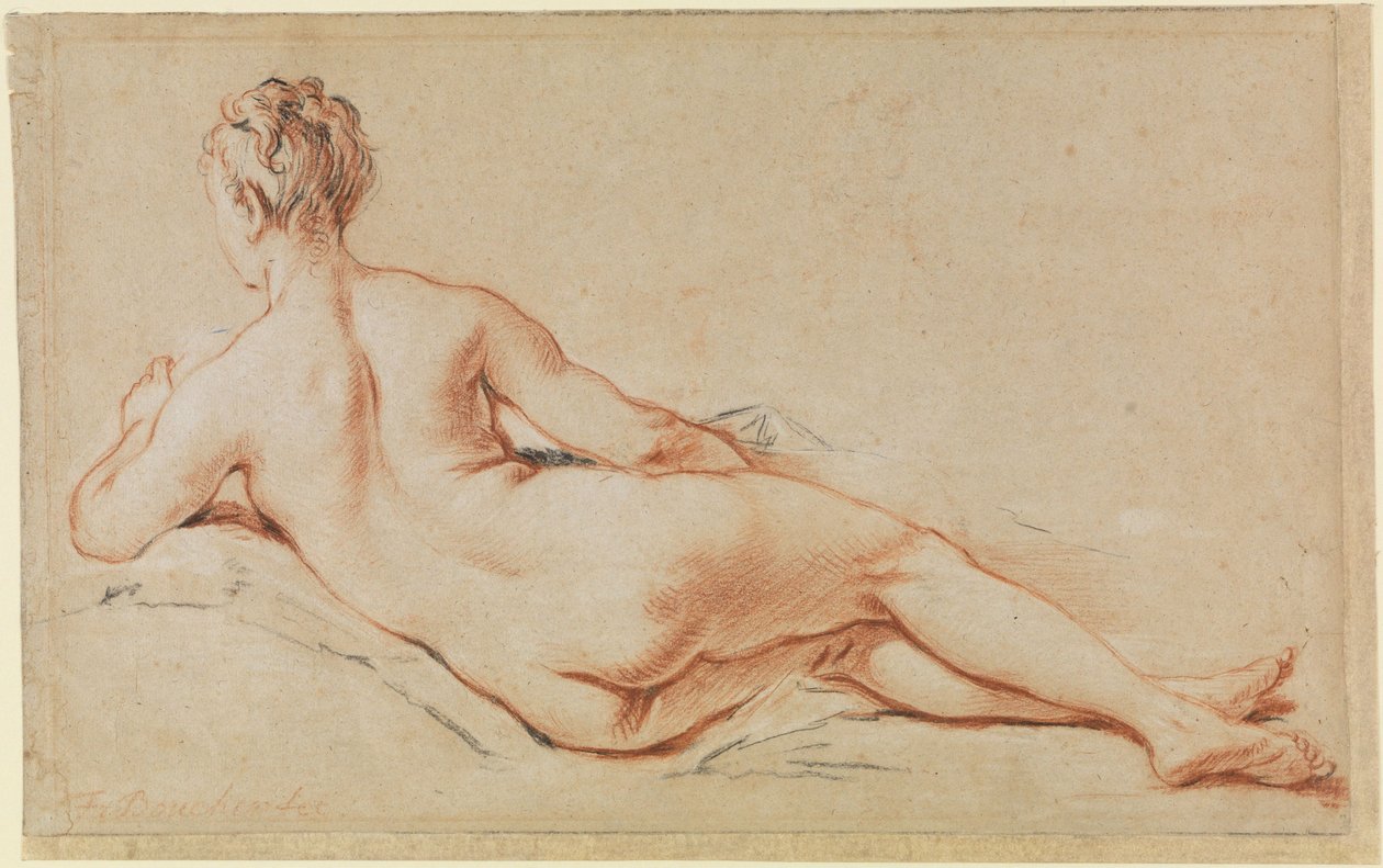 Nu feminino deitado, apoiado no braço esquerdo, visto de costas de François Boucher