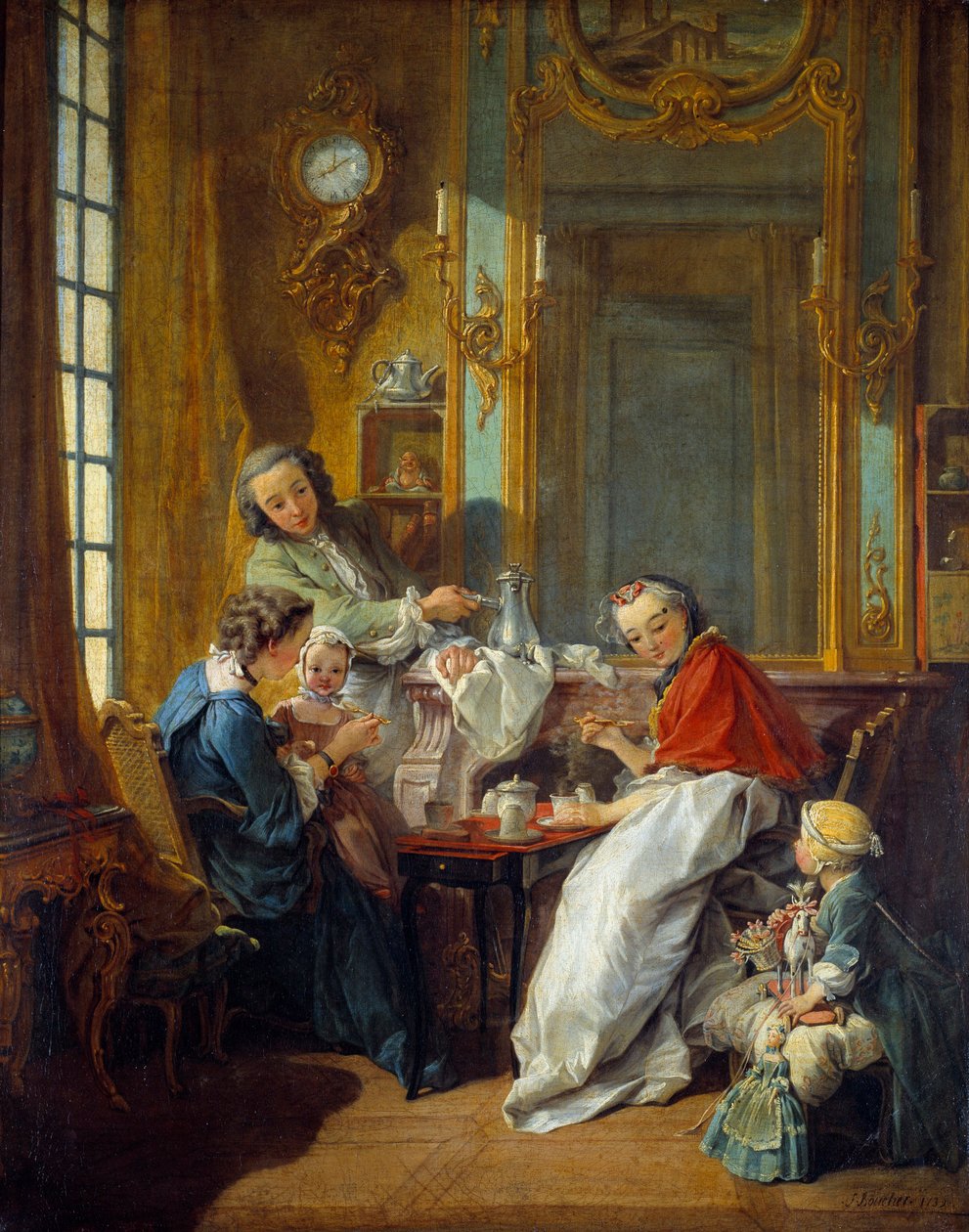 Cena de almoço em um interior burguês. Pintura de François Boucher (1703-1770) 1739 Sol. 0,81x0,65 m de François Boucher