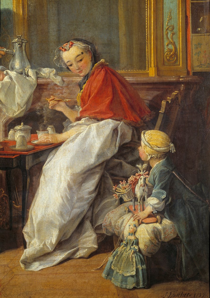 Mãe e filha. Detalhe do "Café da manhã". Uma menina e as suas bonecas observam a mãe a beber chocolate quente. Pintura de François Boucher (1703-1770) de François Boucher