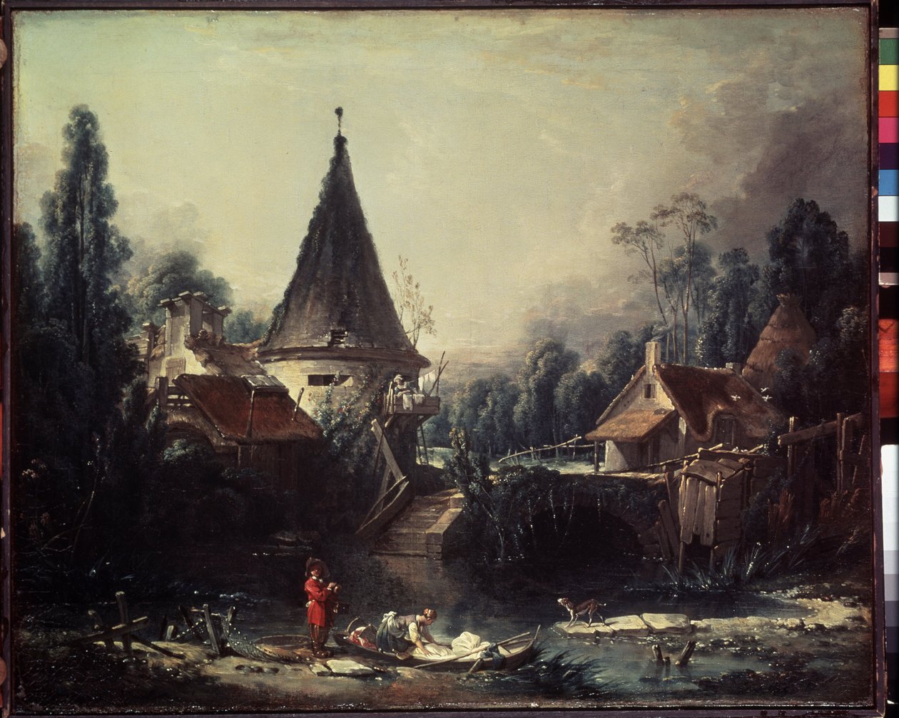 ""Paisagem Perto de Beauvais"" (Paisagem Perto de Beauvais) Pintura de François Boucher (1703-1770) Por volta de 1740 Dim. 49x58 cm Museu Hermitage, São Petersburgo (São Petersburgo) de François Boucher