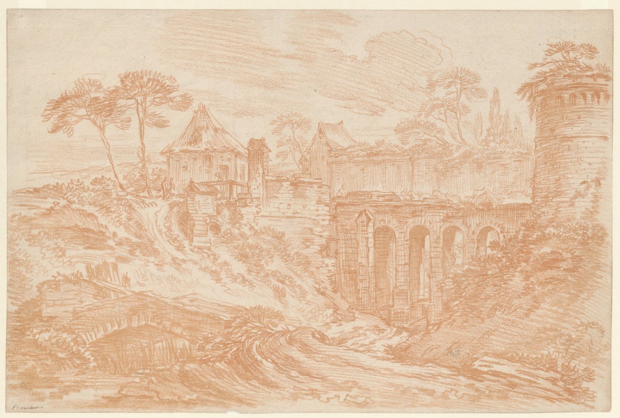 Paisagem com uma torre e uma ponte de François Boucher